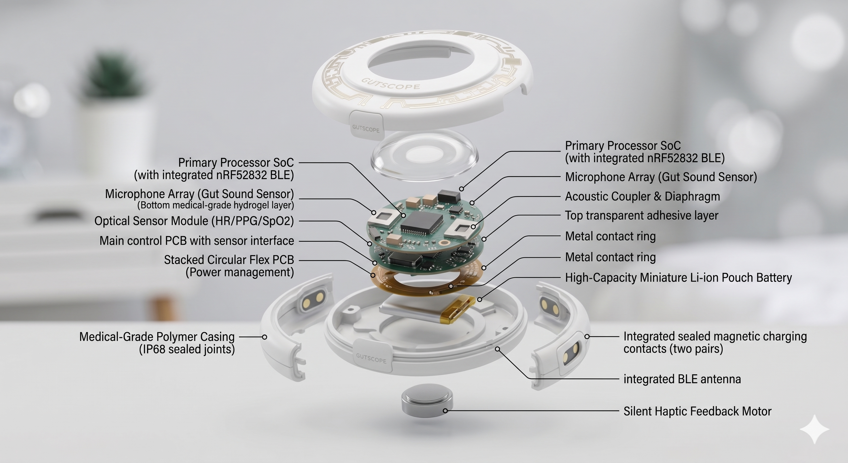GutScope exploded view showing internal components: microphone array, SoC with nRF52832 BLE, optical sensor (HR/PPG/SpO2), acoustic coupler, Li-ion battery, haptic motor, and IP68 polymer casing