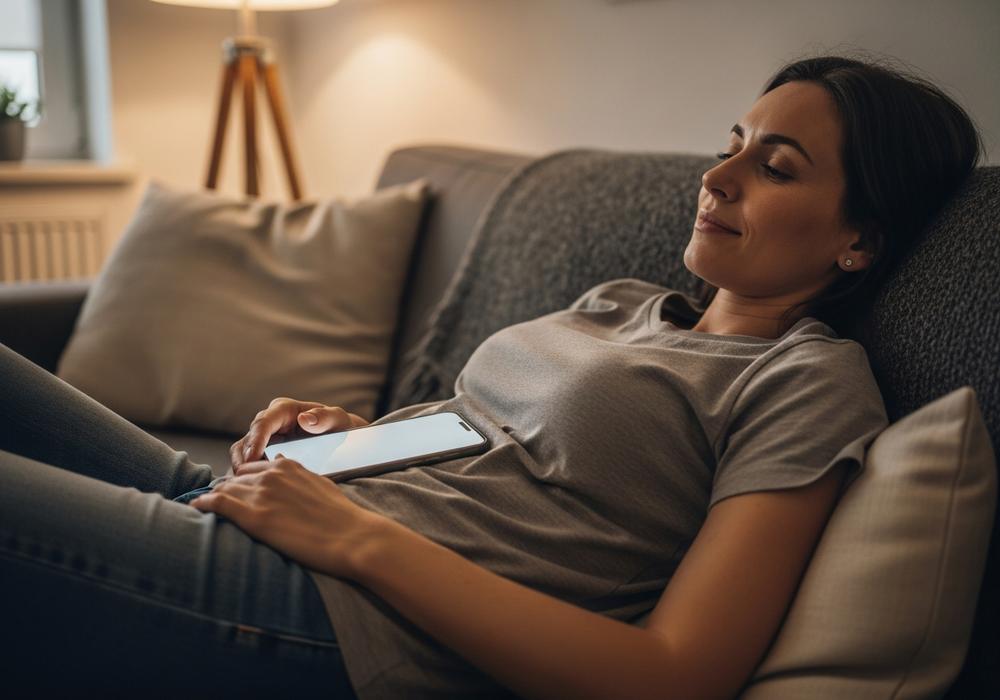 Woman doing a 90-second IBS check-in with her phone resting on her stomach