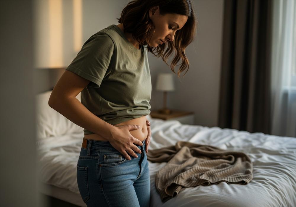 Woman with IBS bloating, jeans too tight by the evening