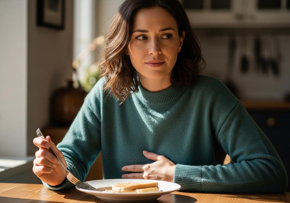 Woman with IBS hesitating over a meal, unsure if the food will trigger symptoms